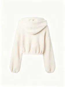 Cream sherpa fleece cropped hoodie, cozy winter zip-up outerwear back view detail.