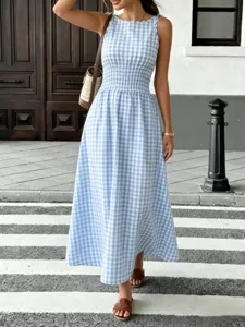 Women Fashion Plaid Printed Smocked Waist Midi Dress Summer Sleeveless Round Neck Slim Fit Casual Sun Dress Vacation Beachwear