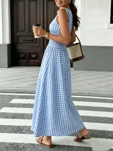 Blue and white gingham sleeveless smocked waist midi dress summer casual wear stylish outfit