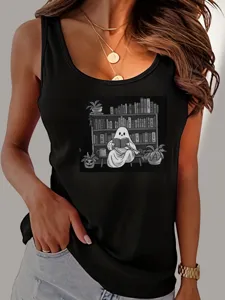 Close-up detail view of a black women tank top featuring a cute ghost reading graphic.