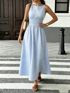 Blue and white gingham sleeveless midi dress with smocked waist and elegant casual style for summer.