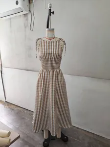 Brown White Plaid Sleeveless Smocked Midi Dress Summer Casual Elegant Round Neck Long Dress
