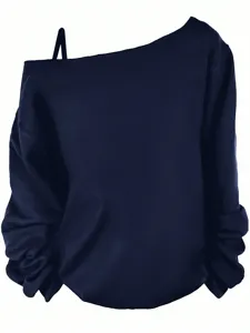Detailed view of the dark blue off-the-shoulder long sleeve top showcasing fabric texture.