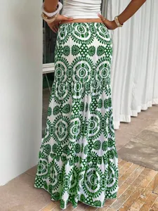 Women bohemian green floral print tiered maxi skirt summer beach vacation long skirt detail