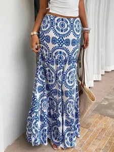 Women Bohemian Printed Maxi Skirt Polyester Spandex Casual Tiered Beach Holiday High Waist Flowy A-Line Summer Skirt