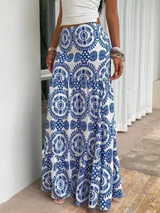 Bohemian blue and white printed long maxi skirt for summer beach holiday, floral design.