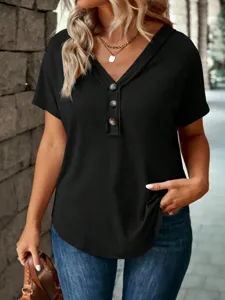 Casual women black v-neck short sleeve top with three buttons basic daily wear for summer