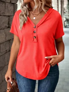 Casual solid color V-neck short sleeve top with three buttons detail, perfect for daily wear.