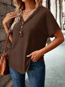 Casual V-neck short sleeve solid color button-up relaxed top for women daily wear details