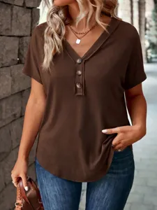 Casual brown short sleeve V-neck top with three buttons closeup, comfortable daily wear style.