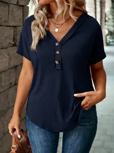 Women's Fashion V Neck Three Button T-Shirt Loose Casual Solid Color Short Sleeve Versatile Polyester Top For Daily Wear