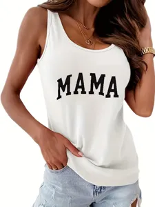 Detail shot of a stylish white sleeveless tank top featuring bold MAMA letter print design.