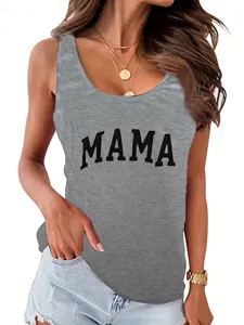 Close-up detail of the grey women tank top with MAMA letter print, casual summer fashion style.