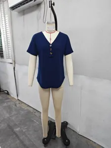 Solid color V-neck short sleeve casual blouse with three buttons for women daily wear.