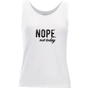 White sleeveless tank top for women with stylish graphic text print. Casual summer wear.
