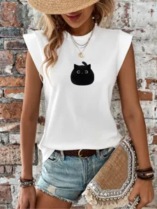 Cute black cat print sleeveless t-shirt for women, casual summer round neck tank top apparel.