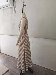 Women Summer Casual Sleeveless Brown Gingham Plaid Smocked Waist Long Maxi Dress