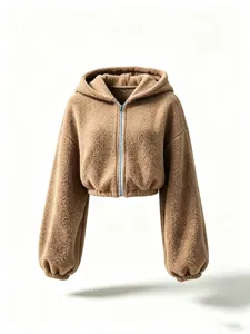 Close-up of cozy brown sherpa fleece zip-up hoodie detail, soft texture and comfortable fit.