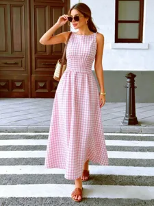 Summer pink gingham sleeveless midi dress, chic casual wear featuring smocked waist design.