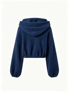 Women's deep blue fleece hooded cropped jacket, autumn and winter loose casual zip up coat top.