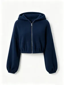Cozy navy blue fleece zip-up hoodie for women, featuring a cropped loose fit and cuffed sleeves.