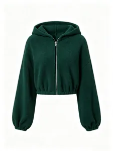 Dark green sherpa fleece zip-up hooded jacket detail, cozy textured fleece fabric view.