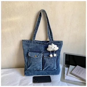 Casual denim tote bag with large capacity, cute cloud pendant and dual pockets for daily use.