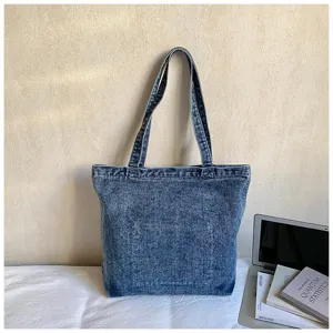 Large capacity denim tote bag, vintage blue shoulder handbag for women and students daily.