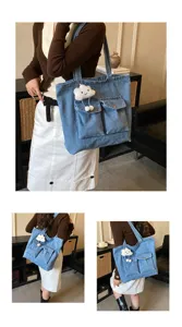 Large capacity denim tote bag for women casual shoulder handbag with cute plush cloud pendant