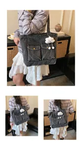 Large capacity denim tote bag for women, stylish casual shoulder bag with cute cloud pendant.