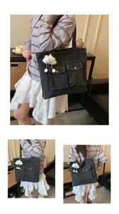 Large capacity denim tote bag for women, casual shoulder bag with cute cloud pendant.