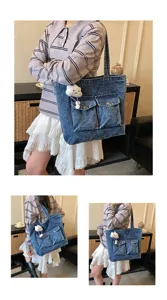 Large capacity denim tote bag for women casual shoulder handbag with cute pockets