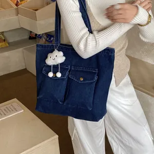 Large capacity denim tote bag casual shoulder bag with front pockets and cute cloud charm