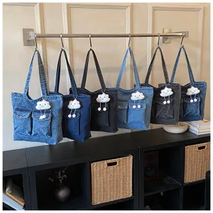 Casual denim tote bag with cute cloud charm, spacious shoulder handbag for daily use.