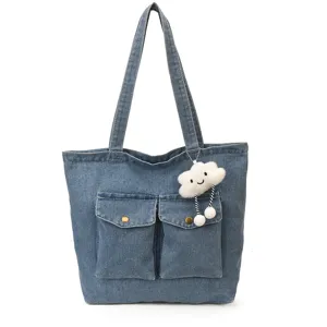Denim tote bag for women large capacity casual shoulder bag with cute plush cloud charm daily