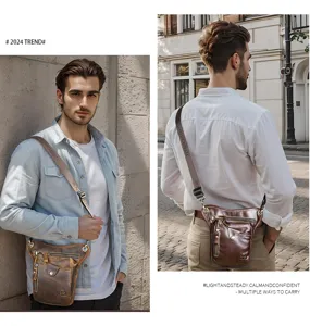 Detailed view of men genuine leather leg bag casual waist crossbody bag stylish and durable.