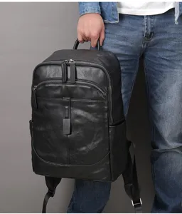 Men genuine leather backpack casual business travel computer bag large capacity black
