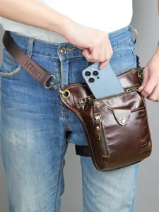 Men's Genuine Leather Waist Bag Vintage Crazy Horse Cowhide Chest Bag Multi Pocket Casual Crossbody Leg Bag For Outdoor
