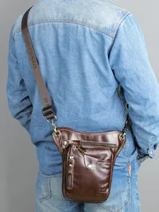 Men genuine leather drop leg bag vintage casual waist pack crossbody shoulder bag for men