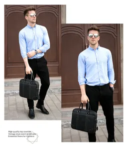 Detailed view of black leather men business briefcase vintage style with quality cowhide.