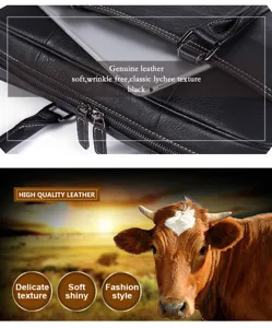 Detailed view of black leather business briefcase, soft lychee texture with metal zippers.