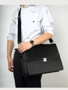 Men's black leather briefcase, professional business shoulder messenger bag with metal lock.