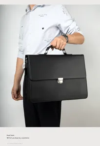 Men black leather briefcase professional business laptop bag with metal lock for office work
