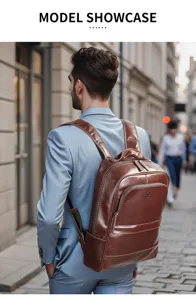 Men's Genuine Leather Backpack Large Capacity Business Commute Travel Casual Bag Brown