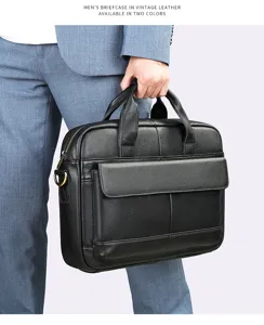 Men's vintage genuine leather business briefcase large capacity laptop shoulder bag