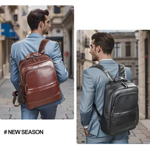 Men's genuine leather casual laptop backpack for business and travel, spacious.