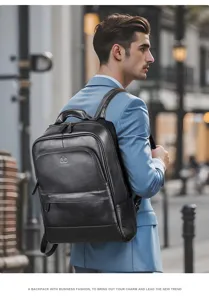 Premium leather laptop backpack for men, large capacity business travel casual daypack.