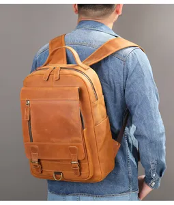 Sac à dos vintage en cuir véritable pour homme, grand sac d'ordinateur d'affaires marron élégant.
