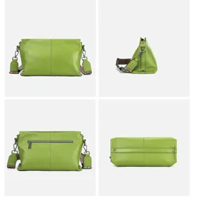 Green genuine leather crossbody bag for women, casual shoulder bag with wide woven strap.