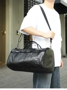Genuine leather men travel duffel bag black retro gym luggage shoulder handbag detail